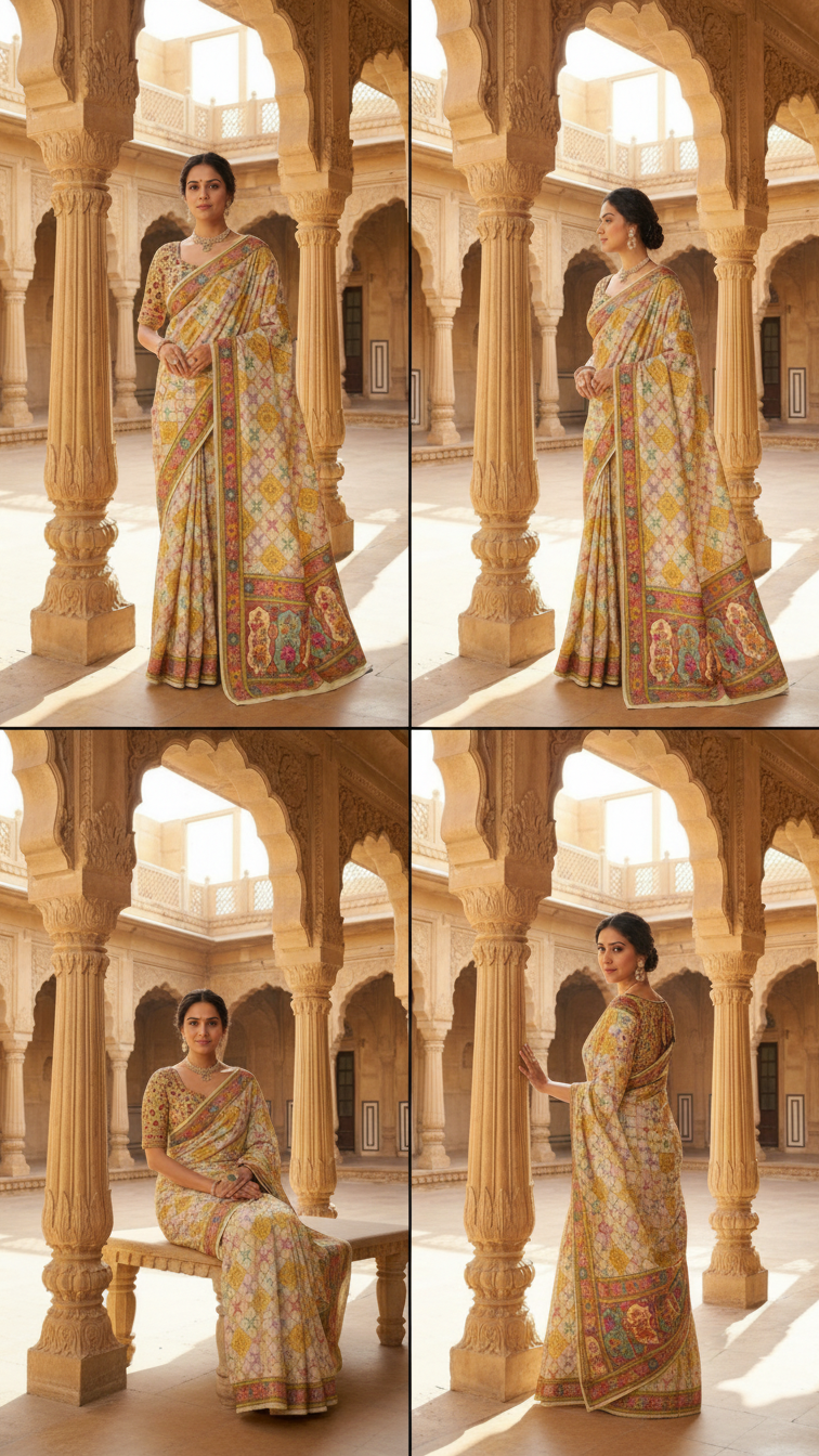 Cream Satin Saree with Multicolor Traditional Border with Position Print