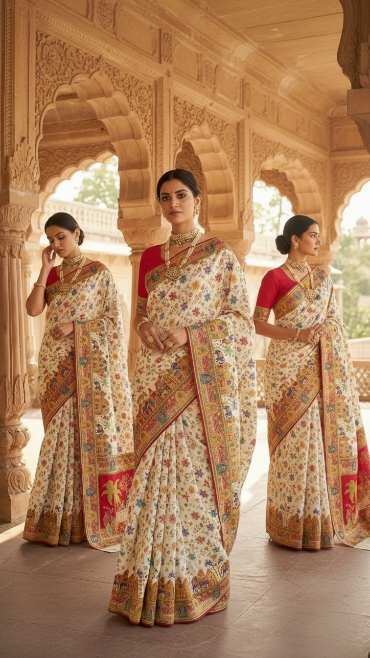 Dola silk Cream jacquard viscose Saree with Multicolor Floral Border