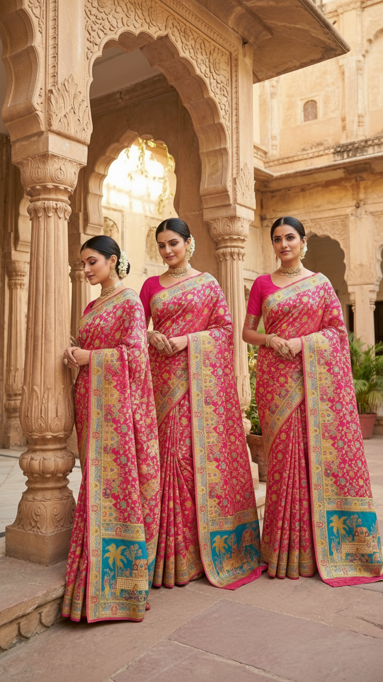 Dola silk Rani jacquard viscose Saree with Multicolor Floral Border