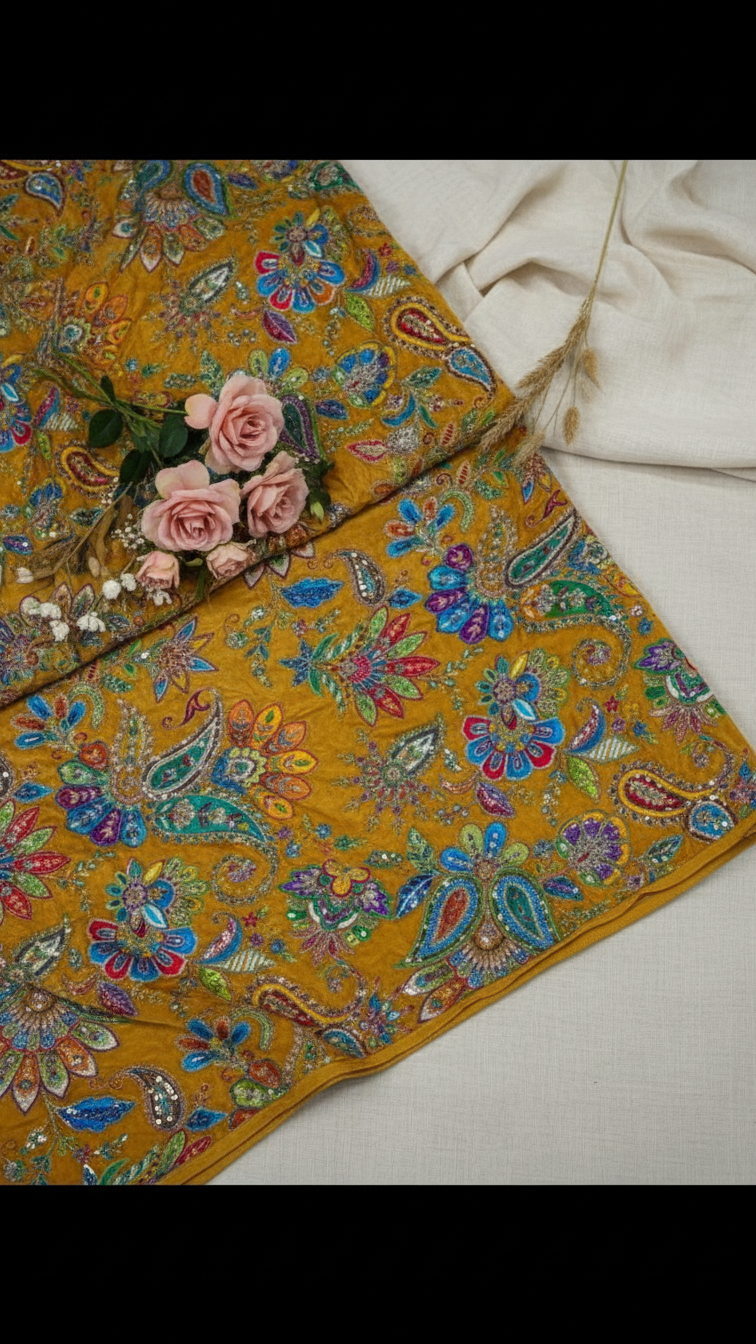 Position Print Floral Crepe Lehenga Set Only Fabric