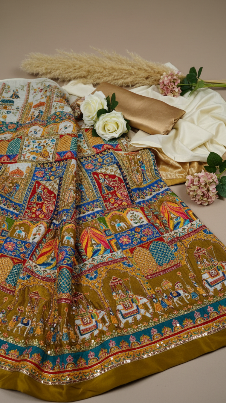 Off_white Teal Gold Colour Embroidery Heavy Lehenga Only Fabric