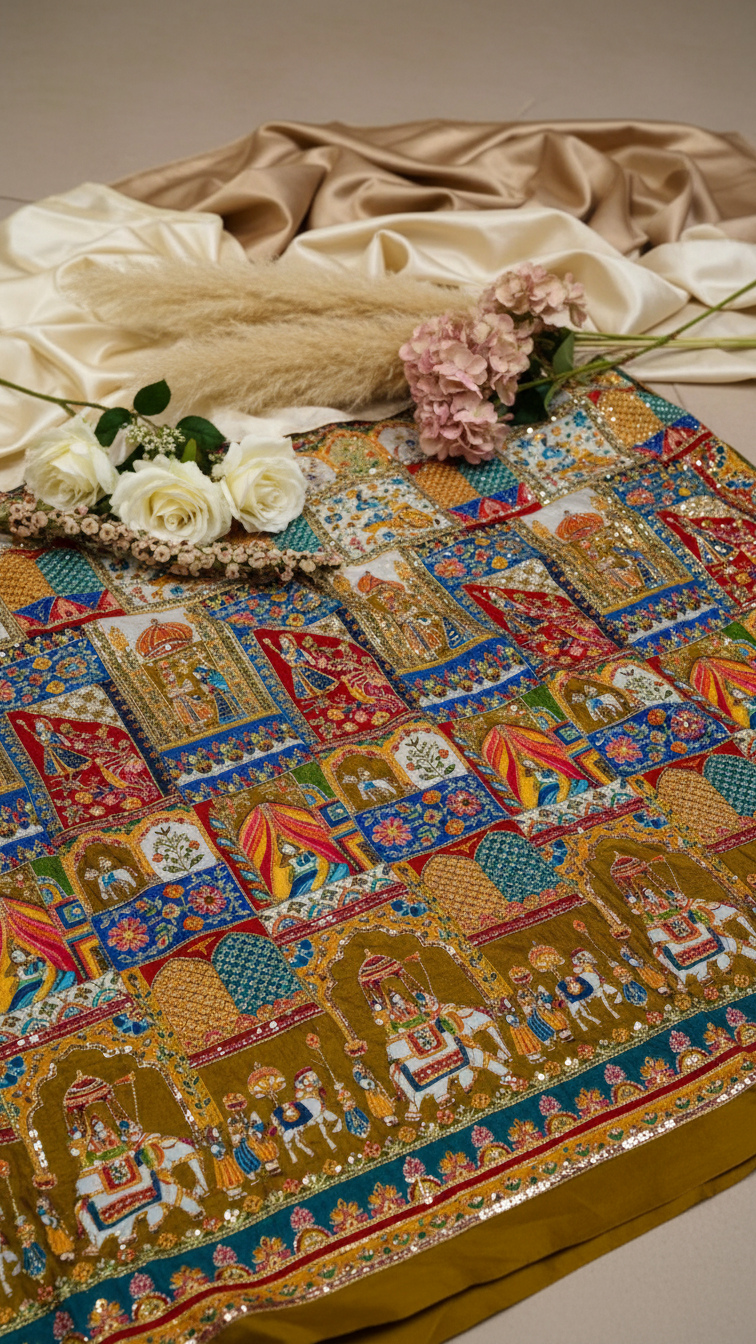 Off_white Teal Gold Colour Embroidery Heavy Lehenga Only Fabric