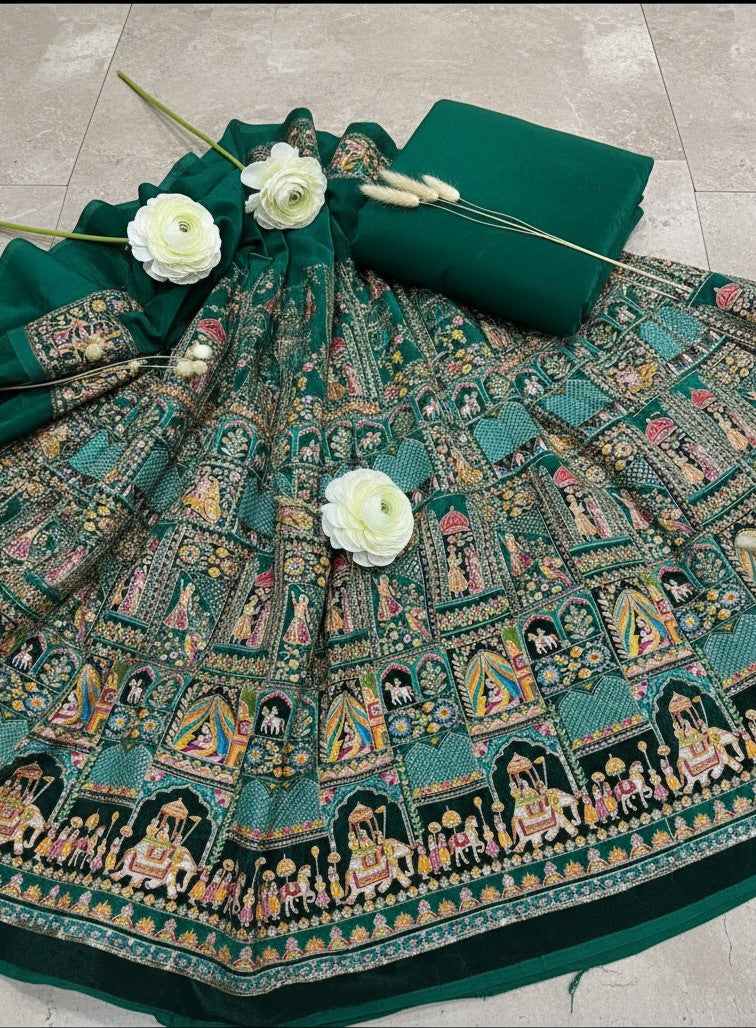 Green Colour Embroidery Heavy Lehenga Only Fabric