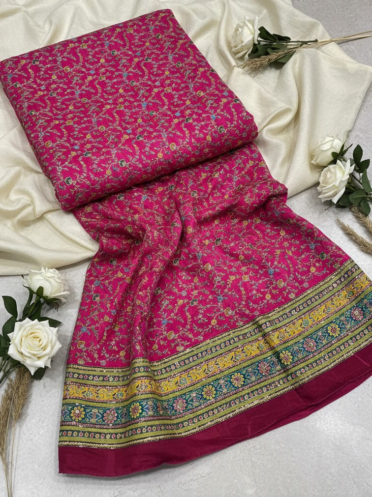 Zari with Sequins Floral Position Print On Rani Pure Crepe Fabric