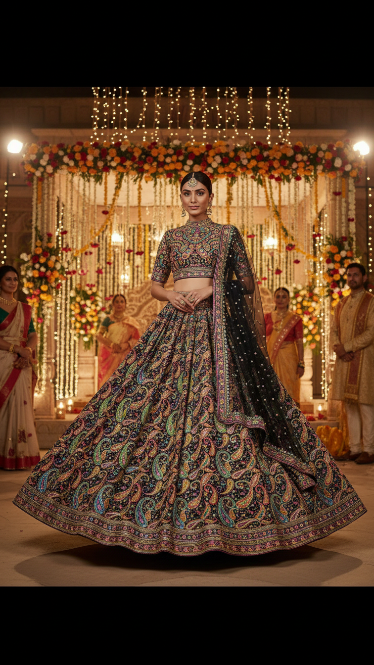 Black Colour Pure Crepe Position Print Lehenga Set Only Fabric