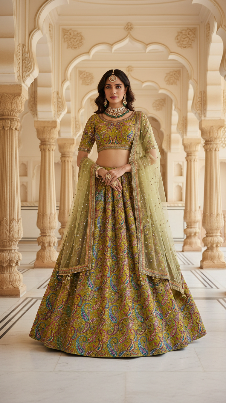 Olive Green Colour Pure Crepe Position Print Lehenga Set Only Fabric
