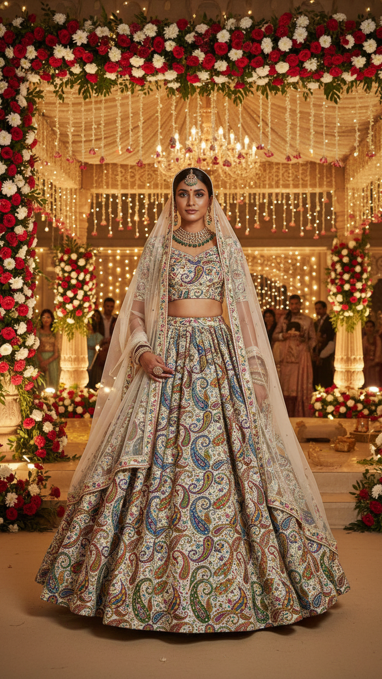 Cream Colour Pure Crepe Position Print Lehenga Set Only Fabric