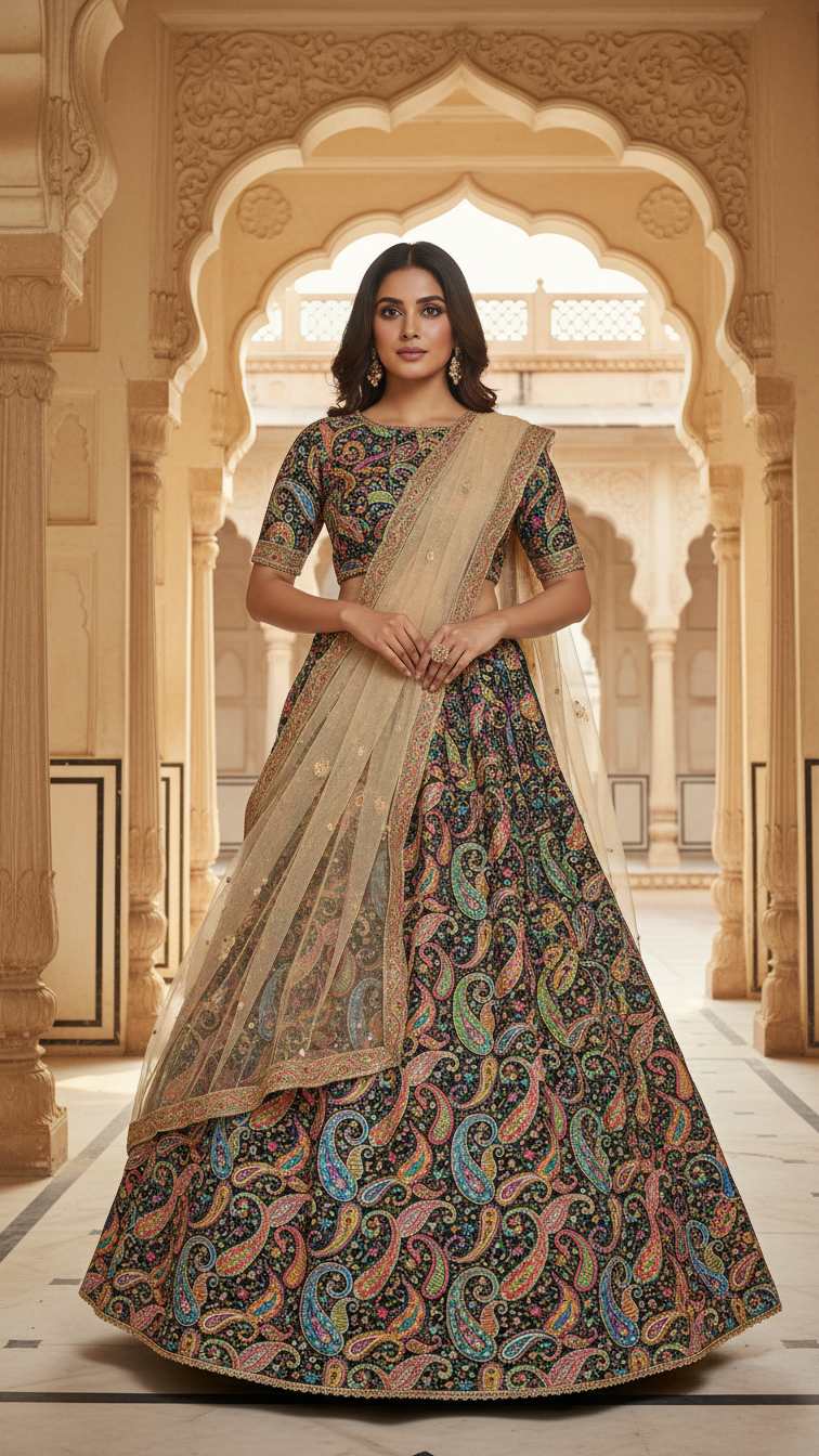 Black Colour Pure Crepe Position Print Lehenga Set Only Fabric
