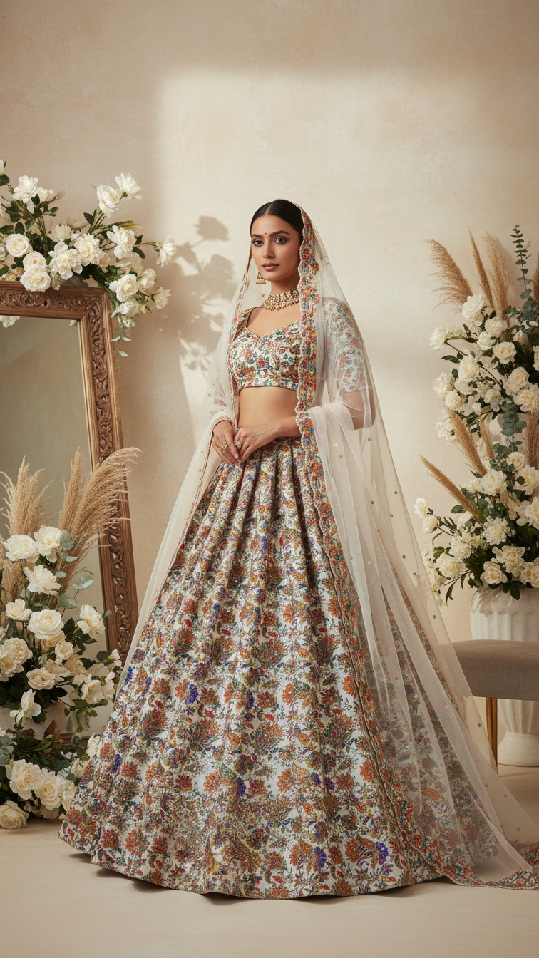 Position Print Floral Crepe Lehenga Set Only Fabric