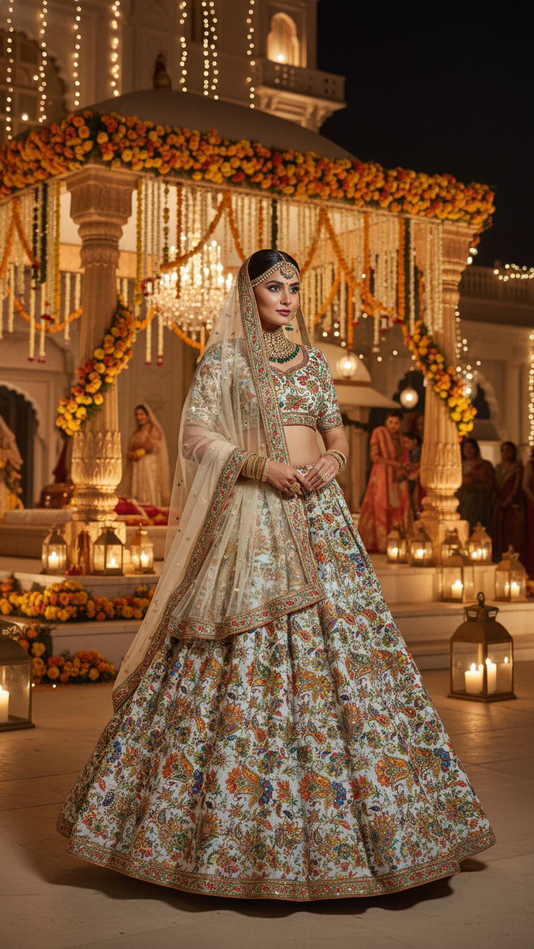 Position Print Floral Crepe Lehenga Set Only Fabric