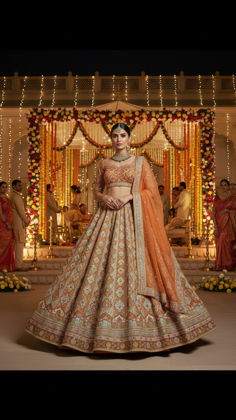 Warm Beige Embroidered Bridal Lehenga Set Only Fabric