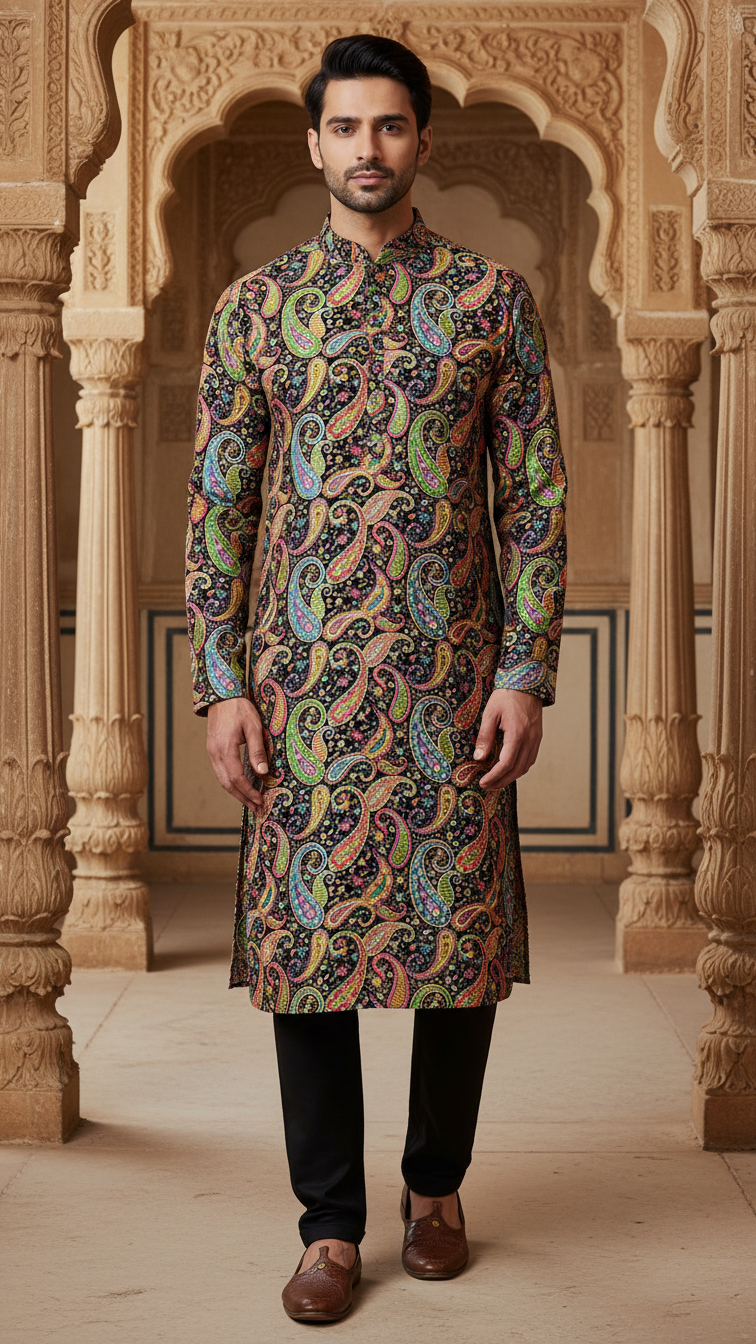Black Position Print embroidery Crepe Kurta only Fabric