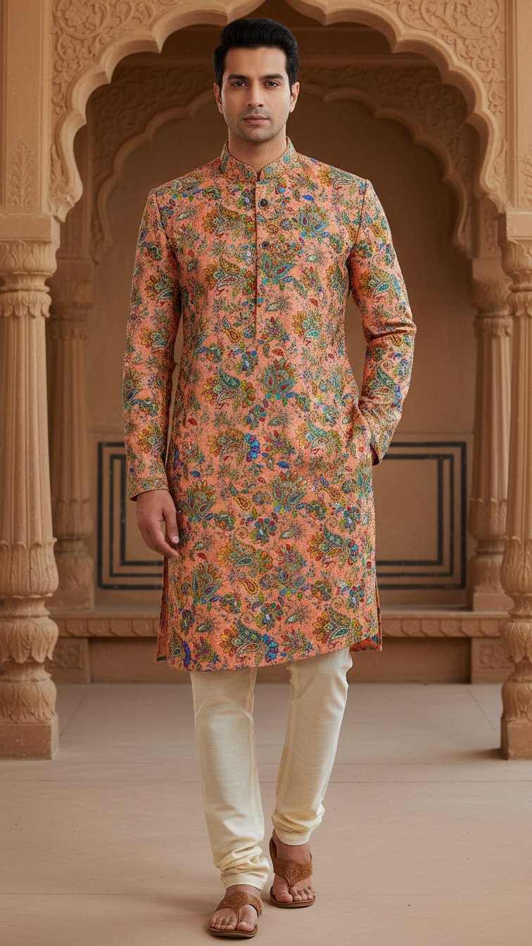 Men's Multicolor Crepe Position Print embroidery Kurta Only Fabric