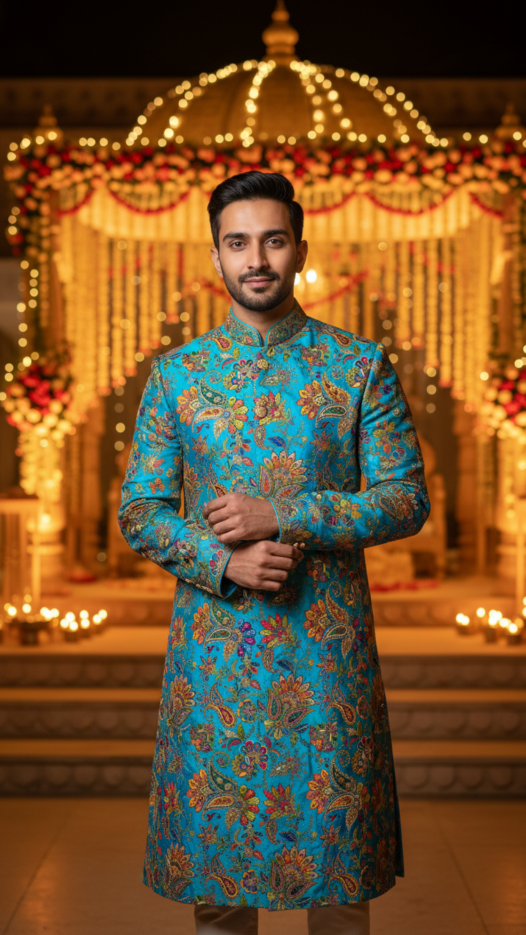 Men's Multicolor Crepe Position Print embroidery Kurta Only Fabric