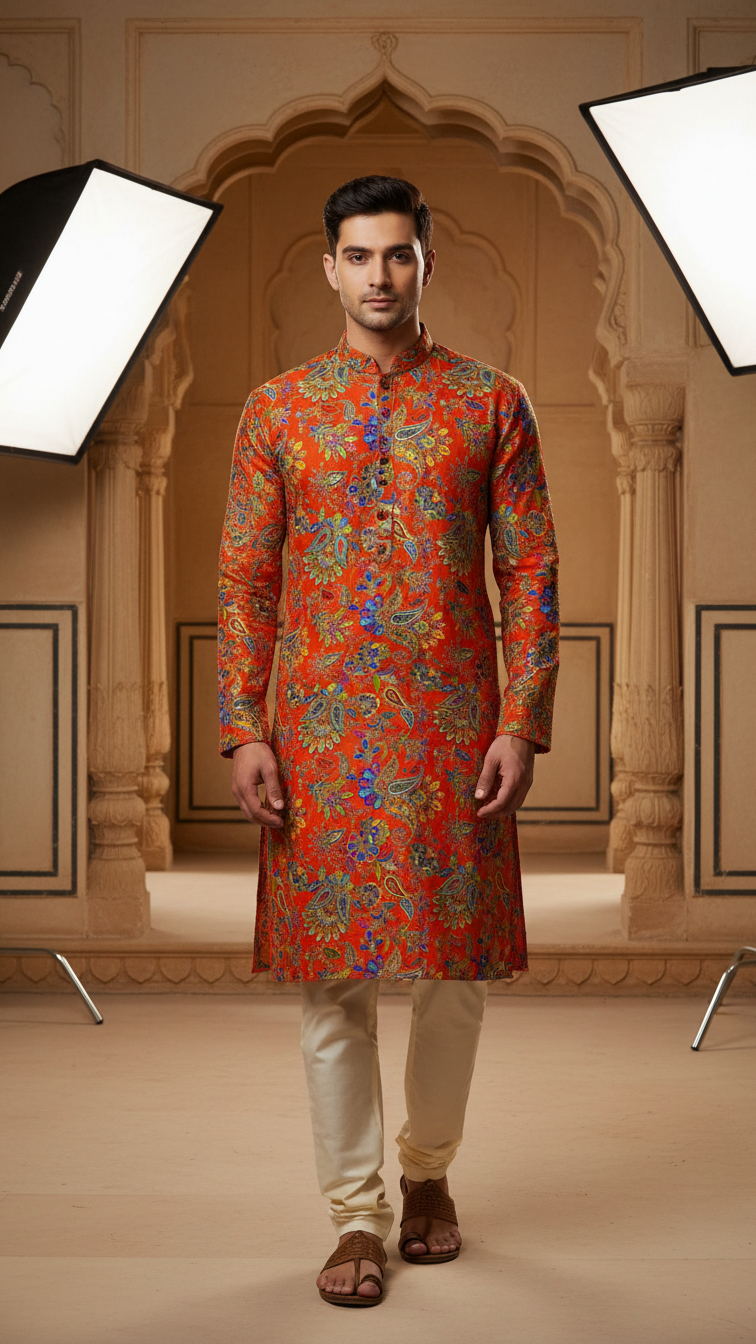 Men's Multicolor Crepe Position Print embroidery Kurta Only Fabric