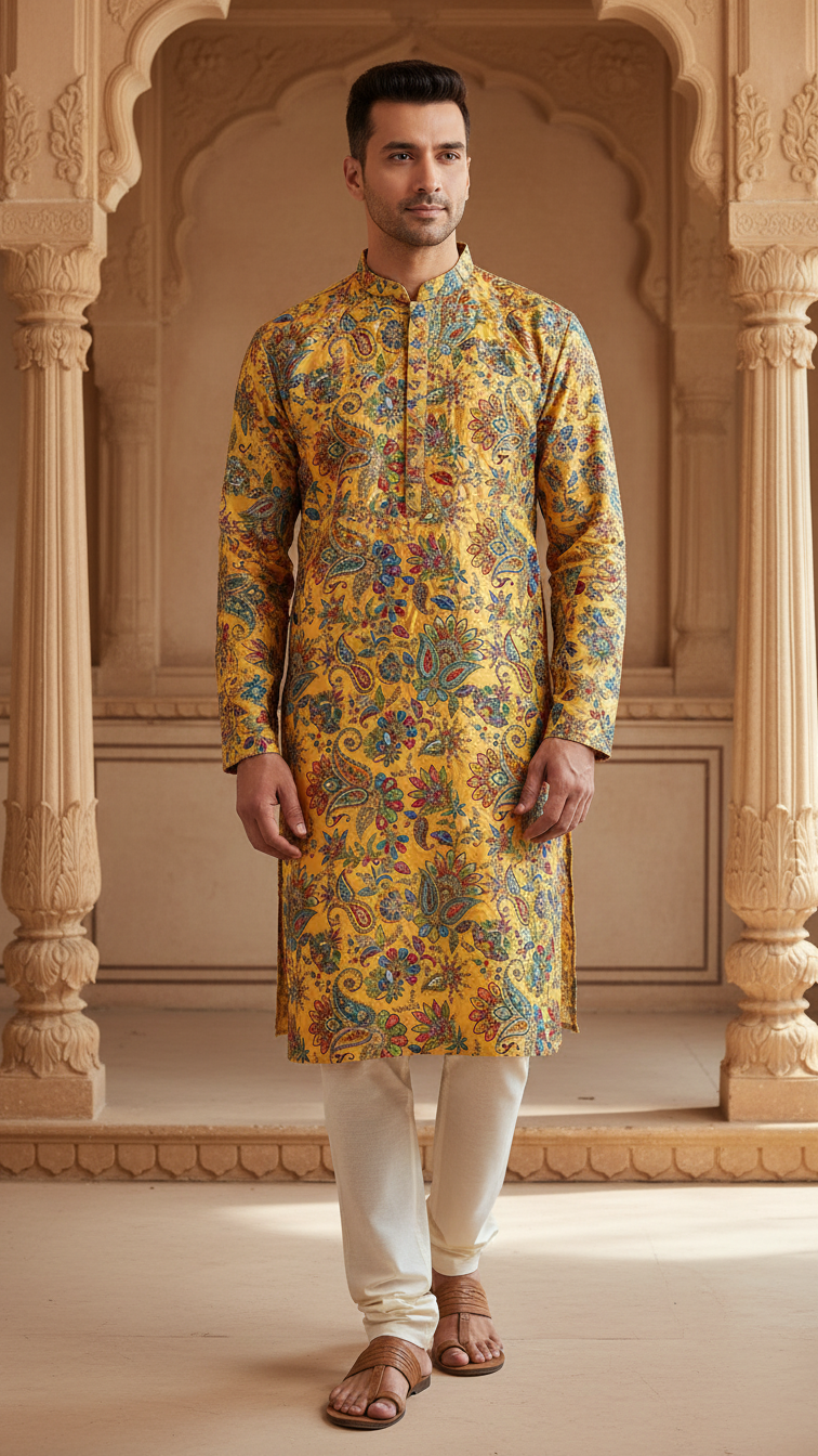 Men's Multicolor Crepe Position Print embroidery Kurta Only Fabric