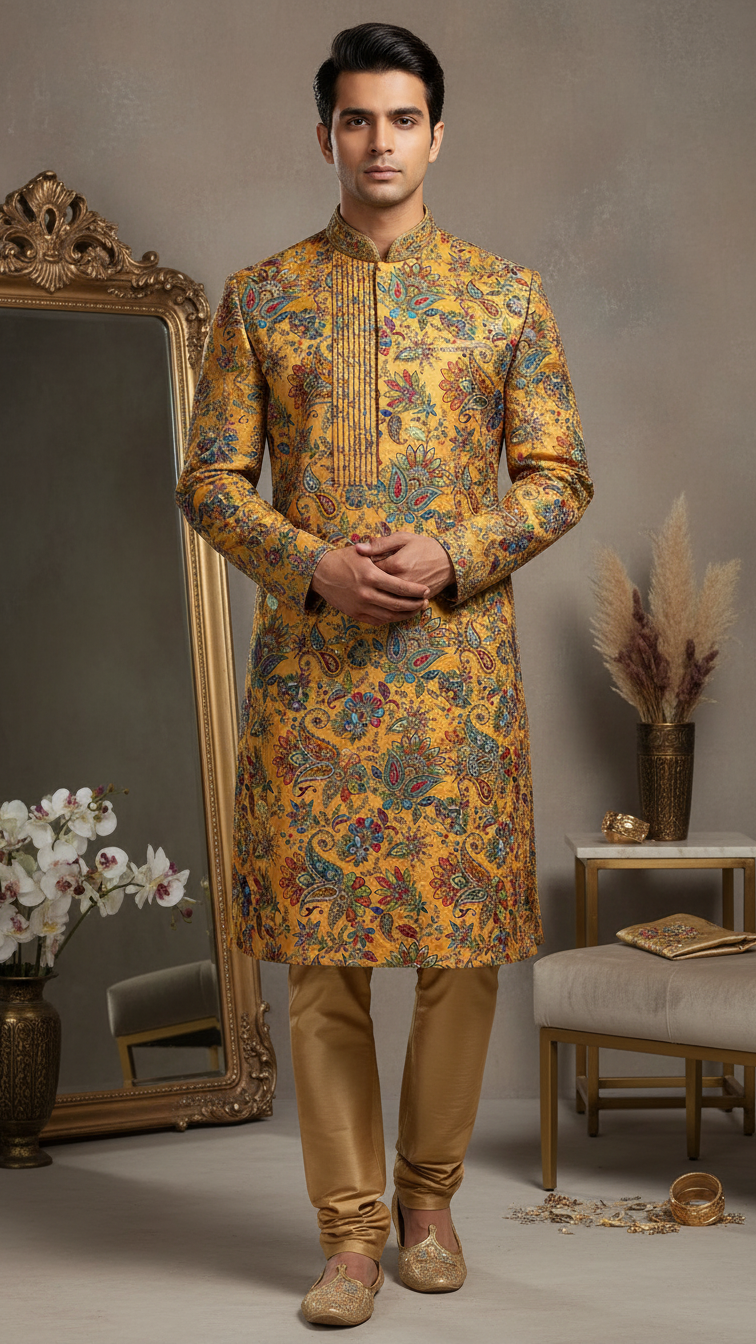 Men's Multicolor Crepe Position Print embroidery Kurta Only Fabric