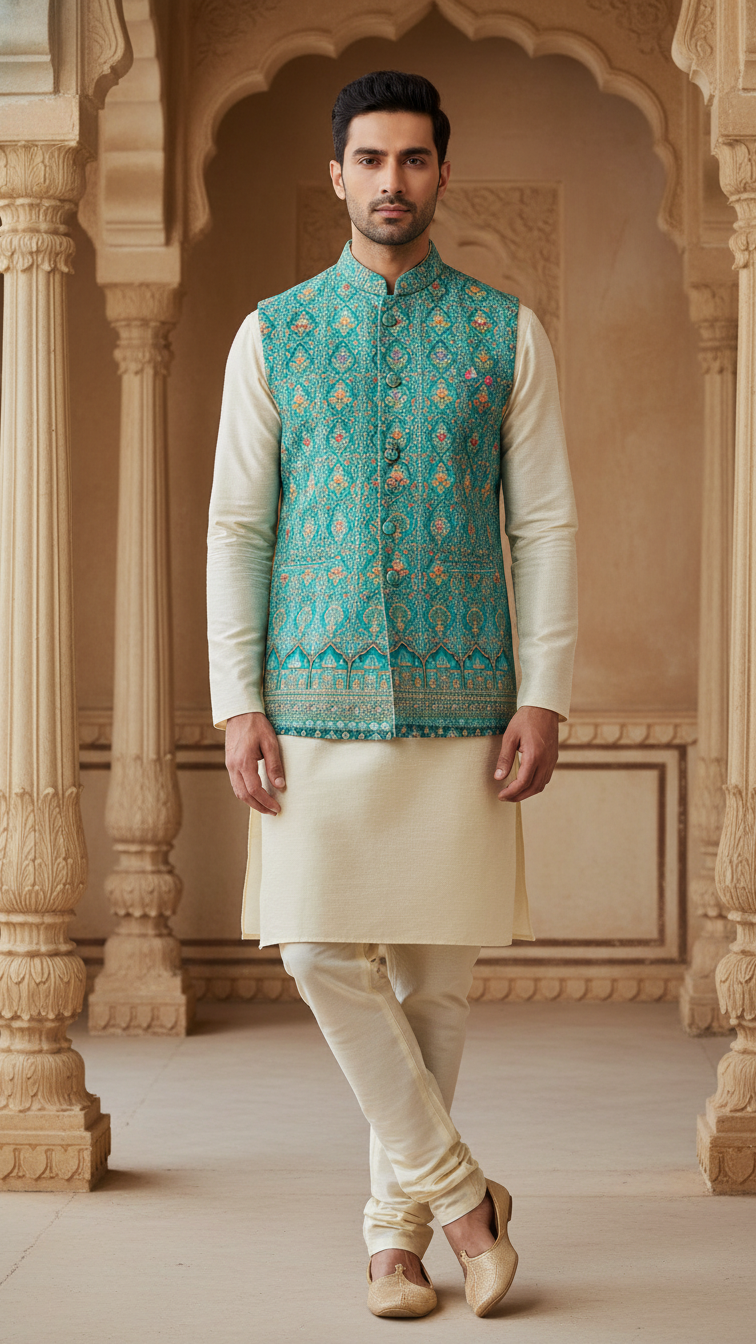 Rama Colour Position Print Koti Men Nehru Jacket Only Fabric