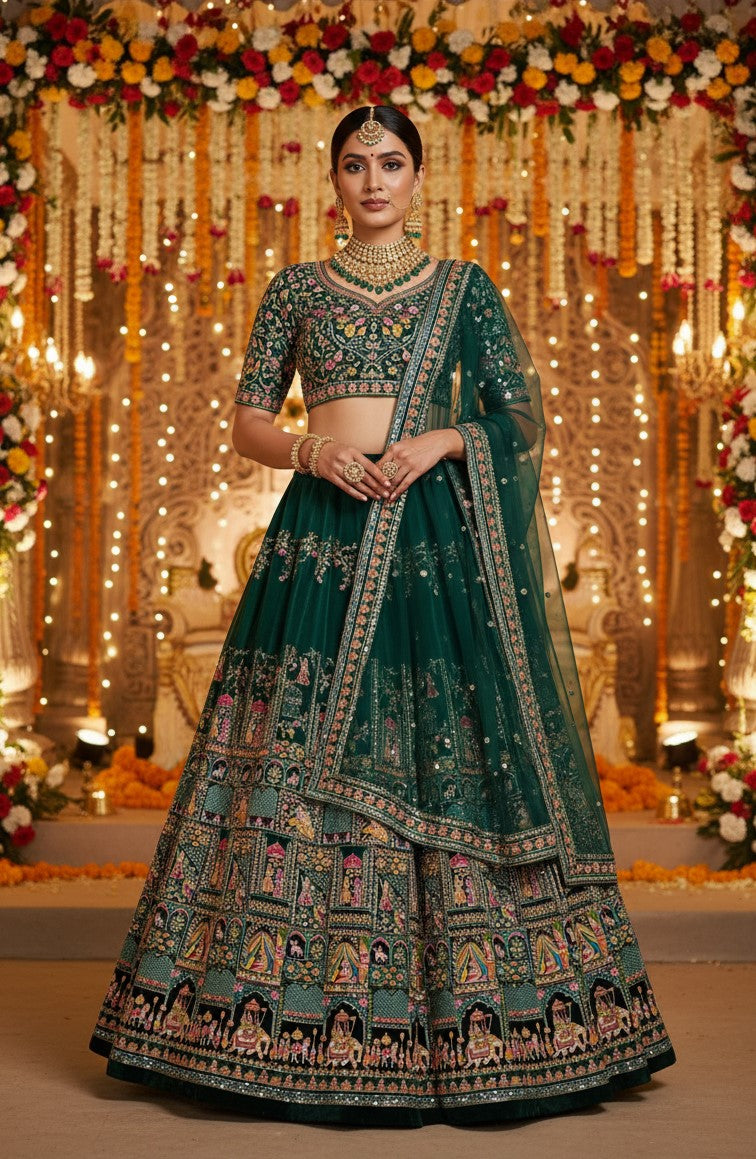 Green Colour Embroidery Heavy Lehenga Only Fabric