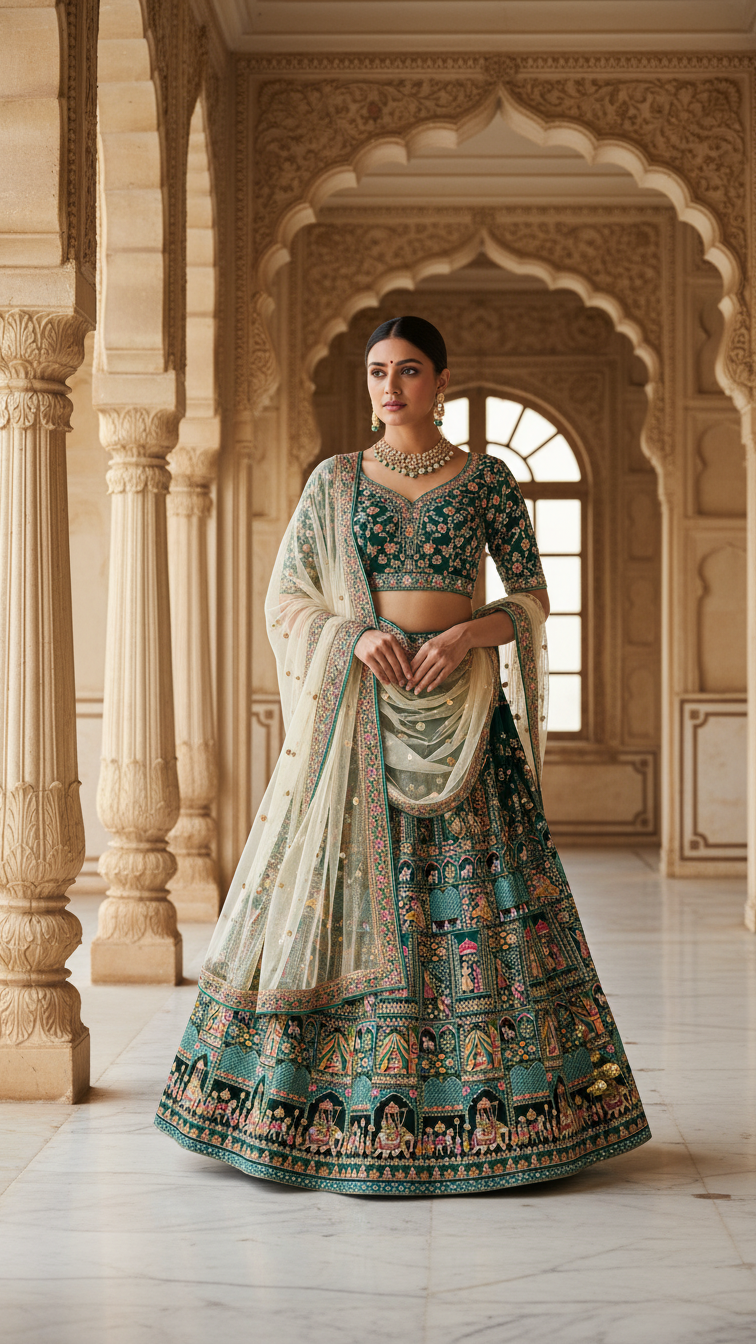 Green Colour Embroidery Heavy Lehenga Only Fabric