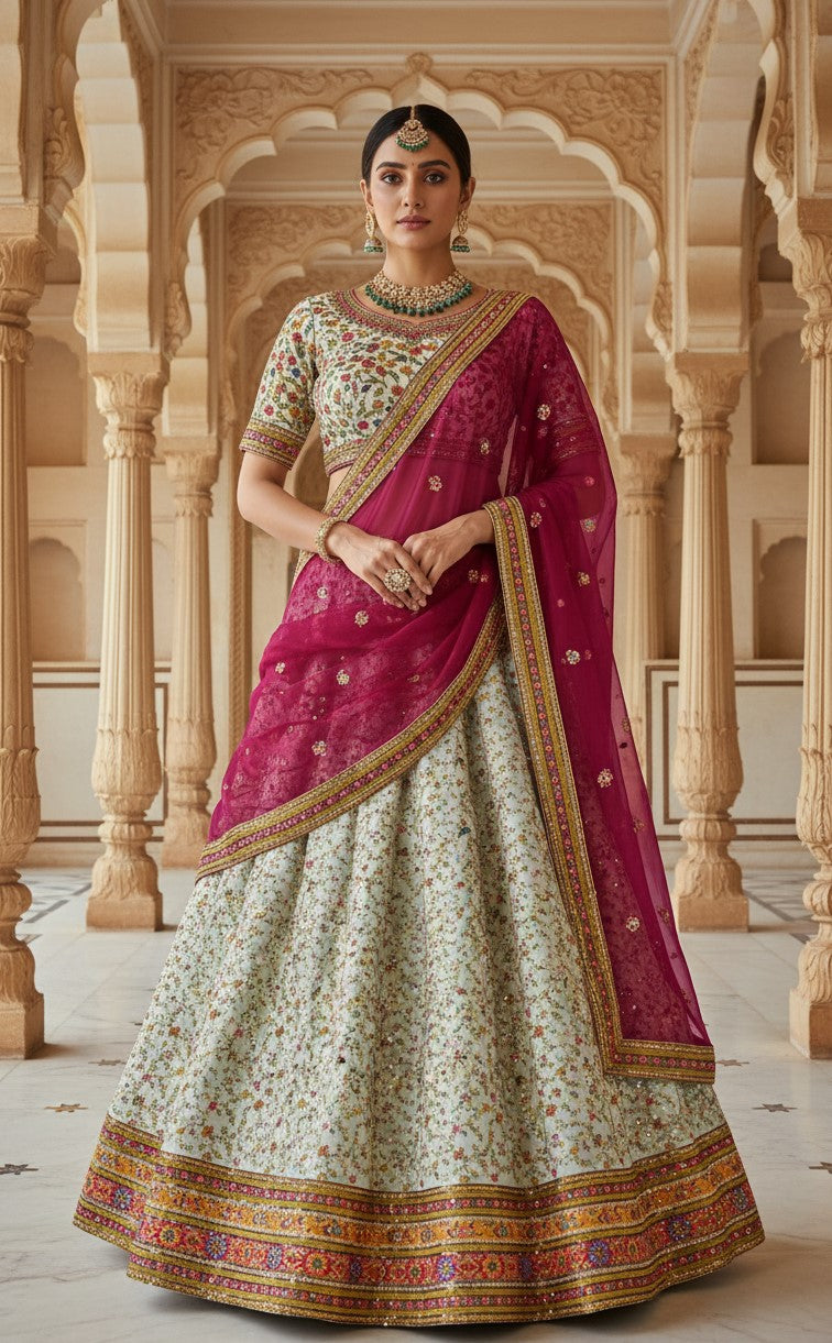 Cream Beautiful Embroidery Lehenga Only Fabric
