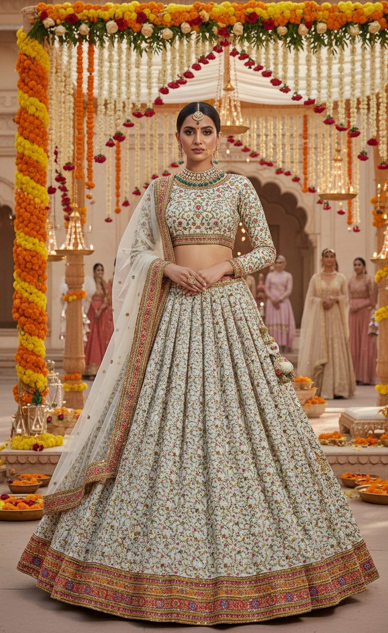 Cream Beautiful Embroidery Lehenga Only Fabric