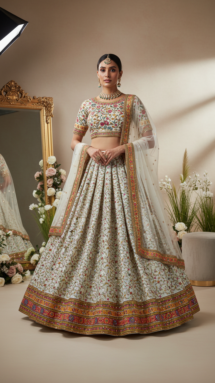 Cream Beautiful Embroidery Lehenga Only Fabric