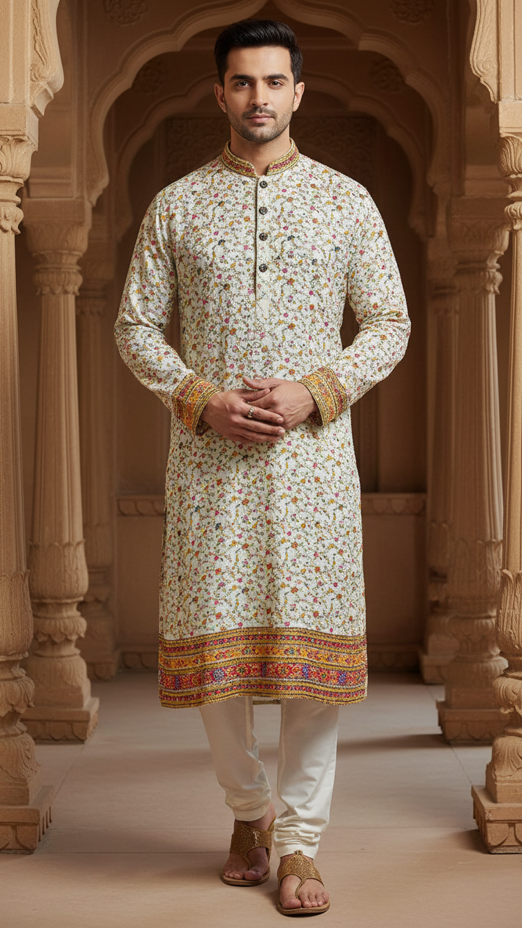 Men's Crepe Position Print embroidery Kurta Only Fabric