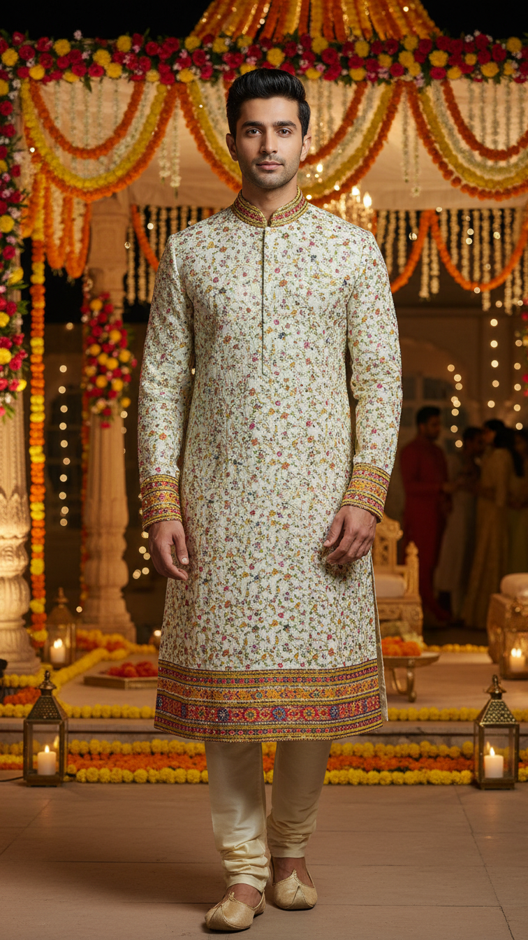 Men's Crepe Position Print embroidery Kurta Only Fabric