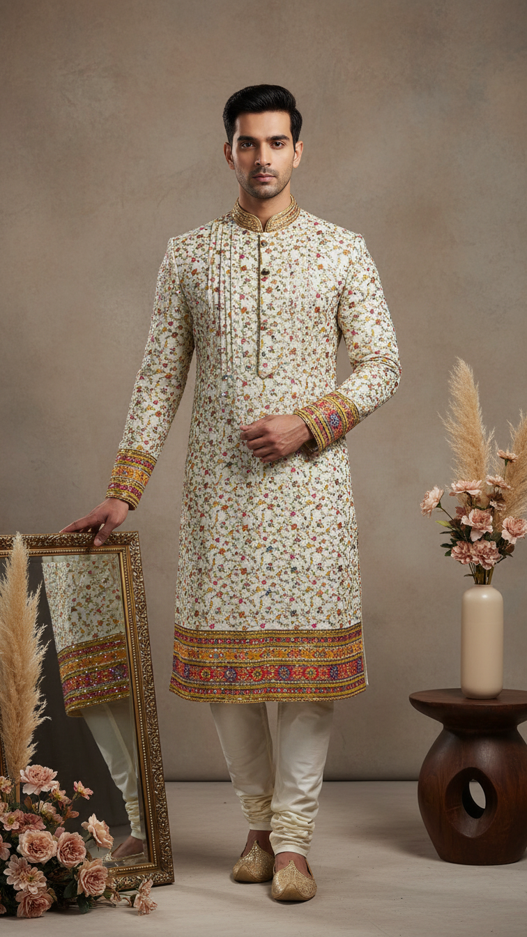 Men's Crepe Position Print embroidery Kurta Only Fabric