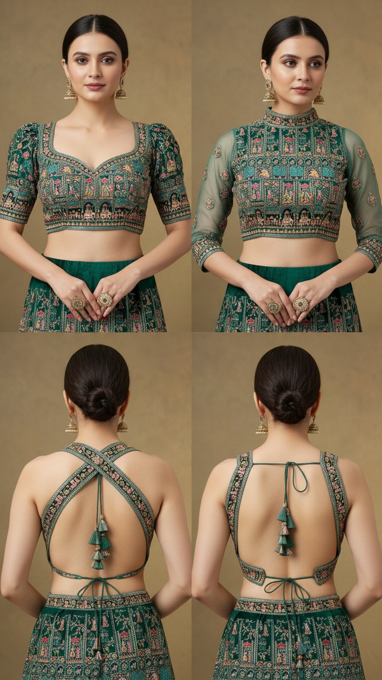 Green Colour Position Print Blouse Only Fabric