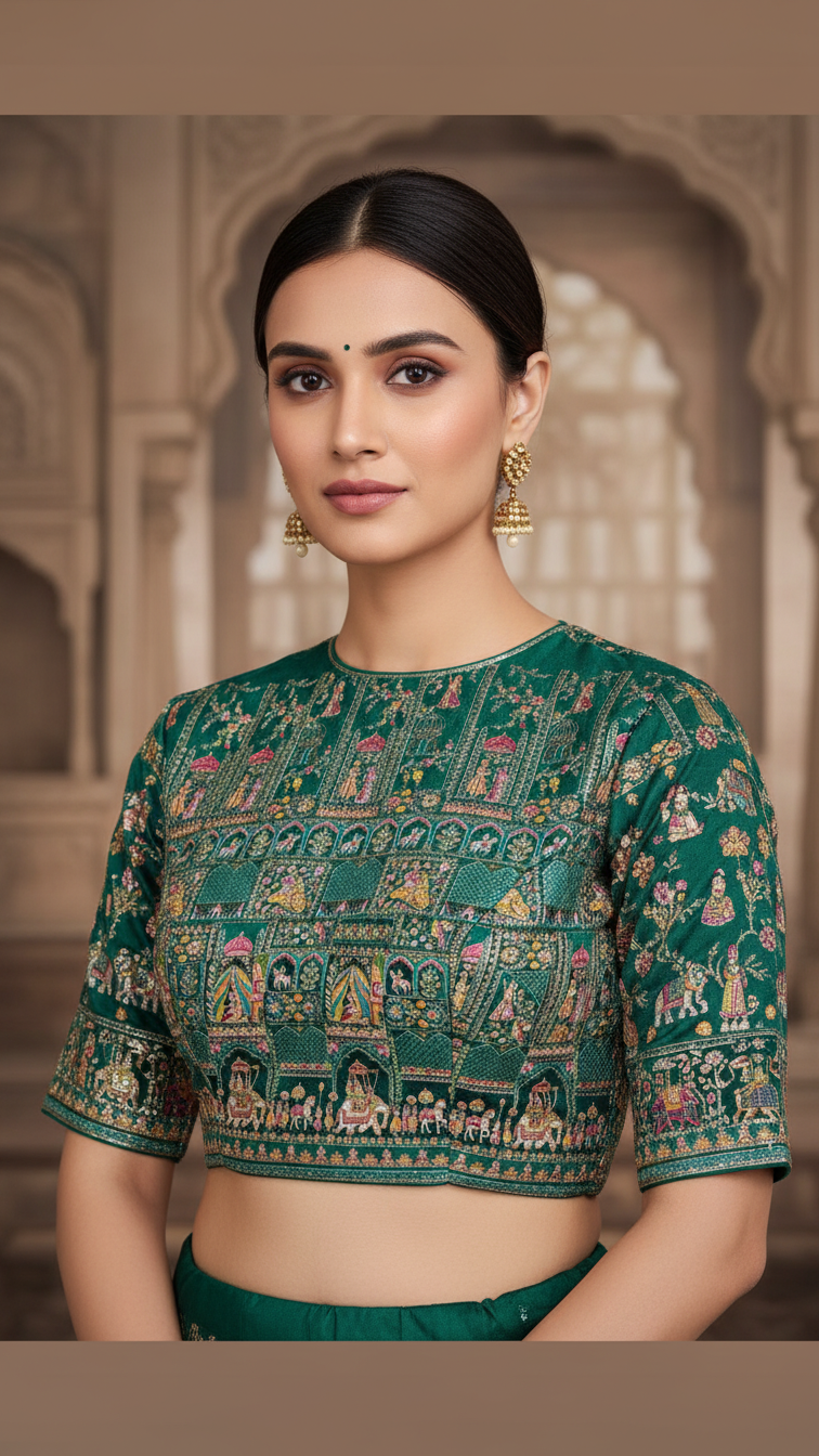 Green Colour Position Print Blouse Only Fabric