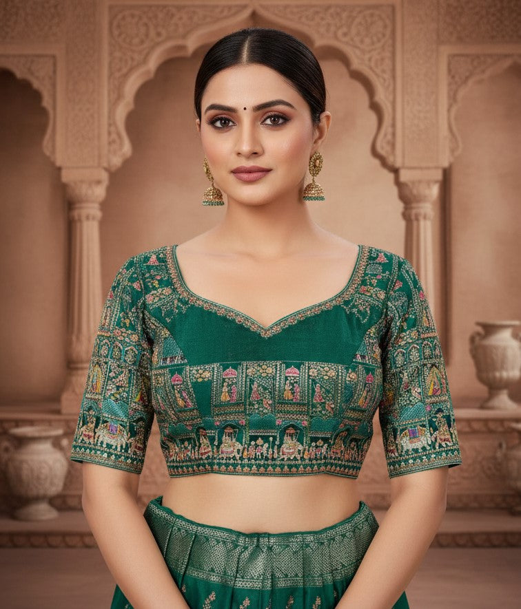 Green Colour Position Print Blouse Only Fabric