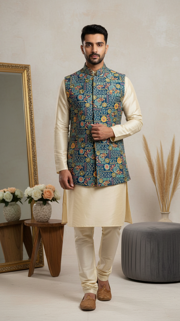 Designer Position Print Nehru Jacket Koti Only Fabric