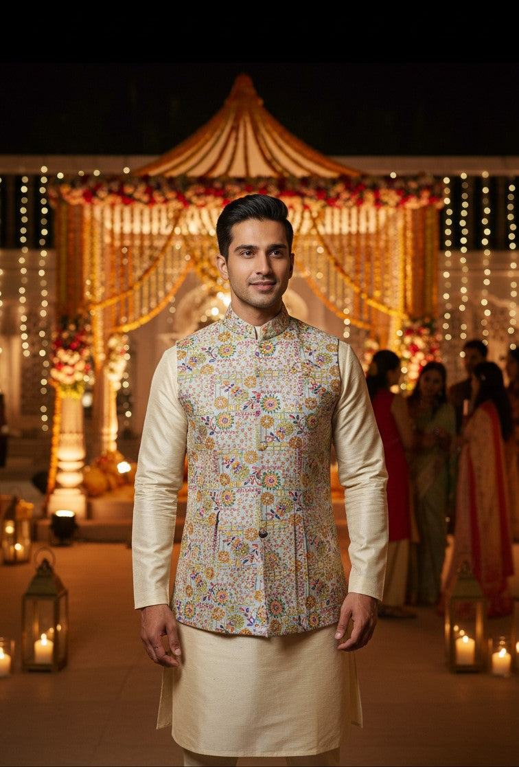 Designer Position Print Nehru Jacket Koti Only Fabric