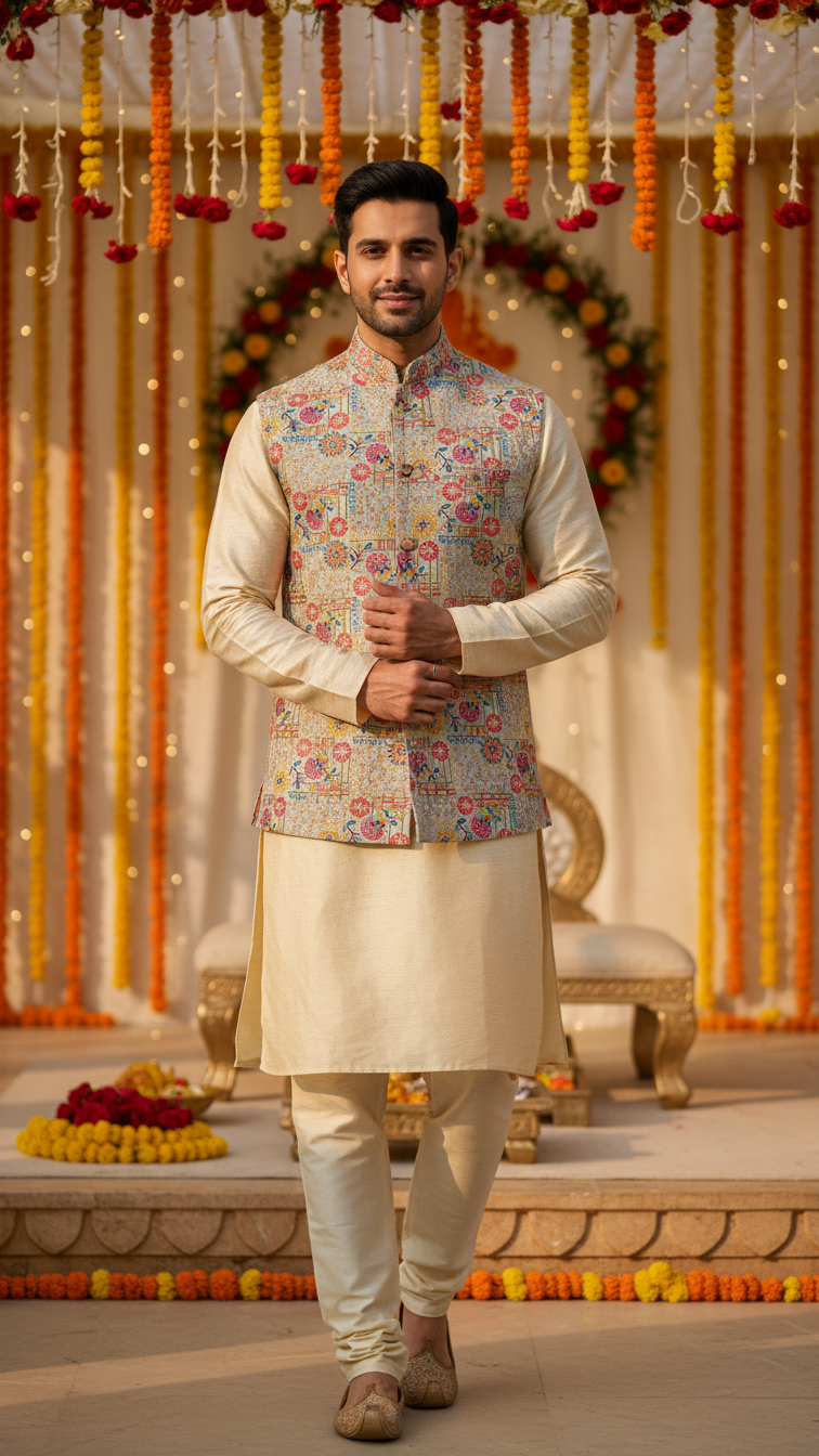 Designer Position Print Nehru Jacket Koti Only Fabric