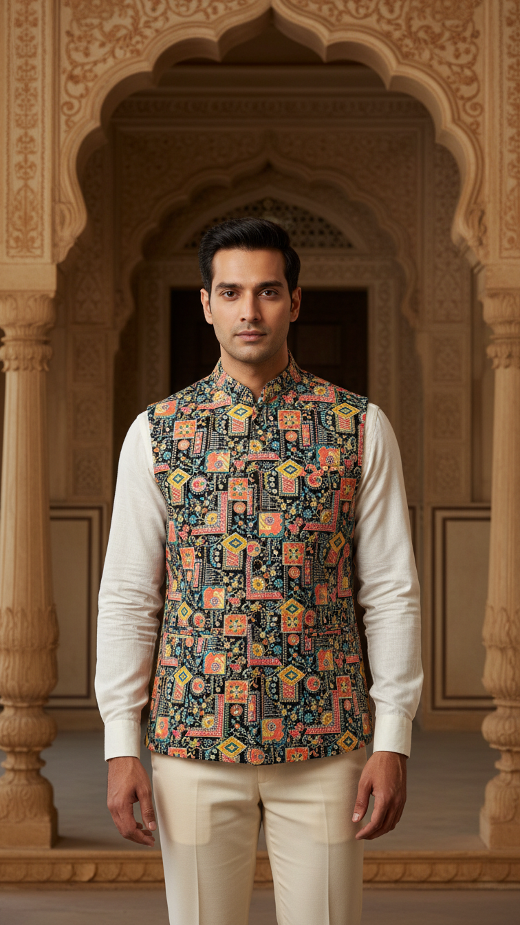 Designer Floral Position Printed Nehru Koti Only Fabric