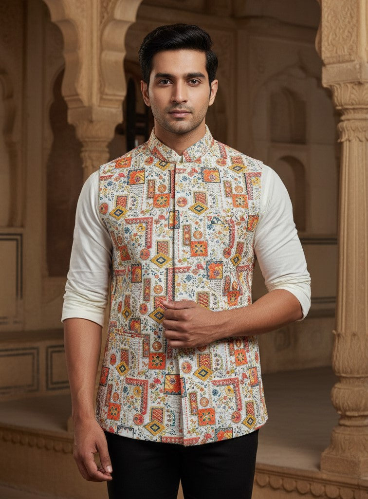 Designer Floral Position Printed Nehru Koti Only Fabric