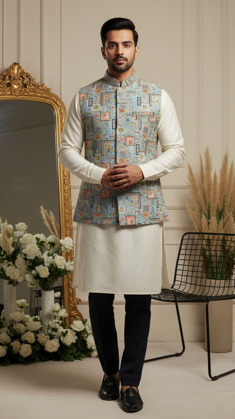 Designer Floral Position Printed Nehru Koti Only Fabric