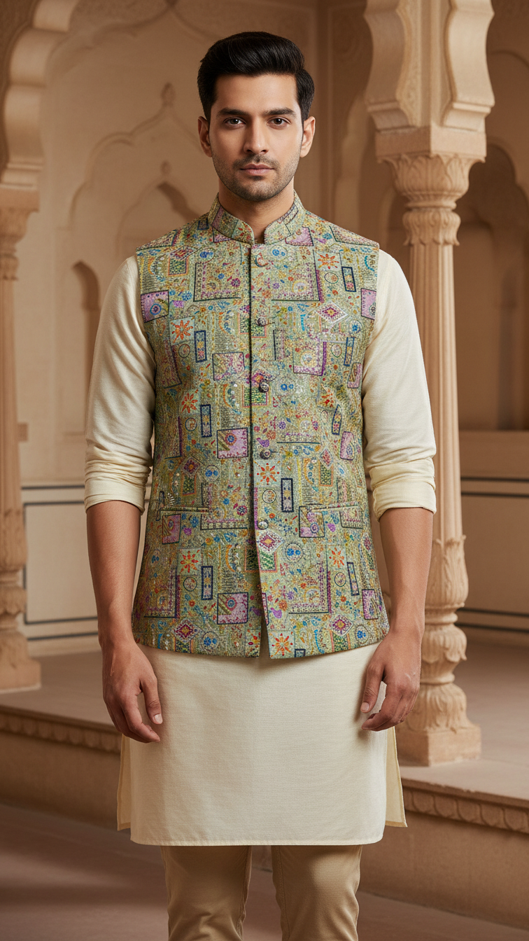 Designer Floral Position Printed Nehru Koti Only Fabric