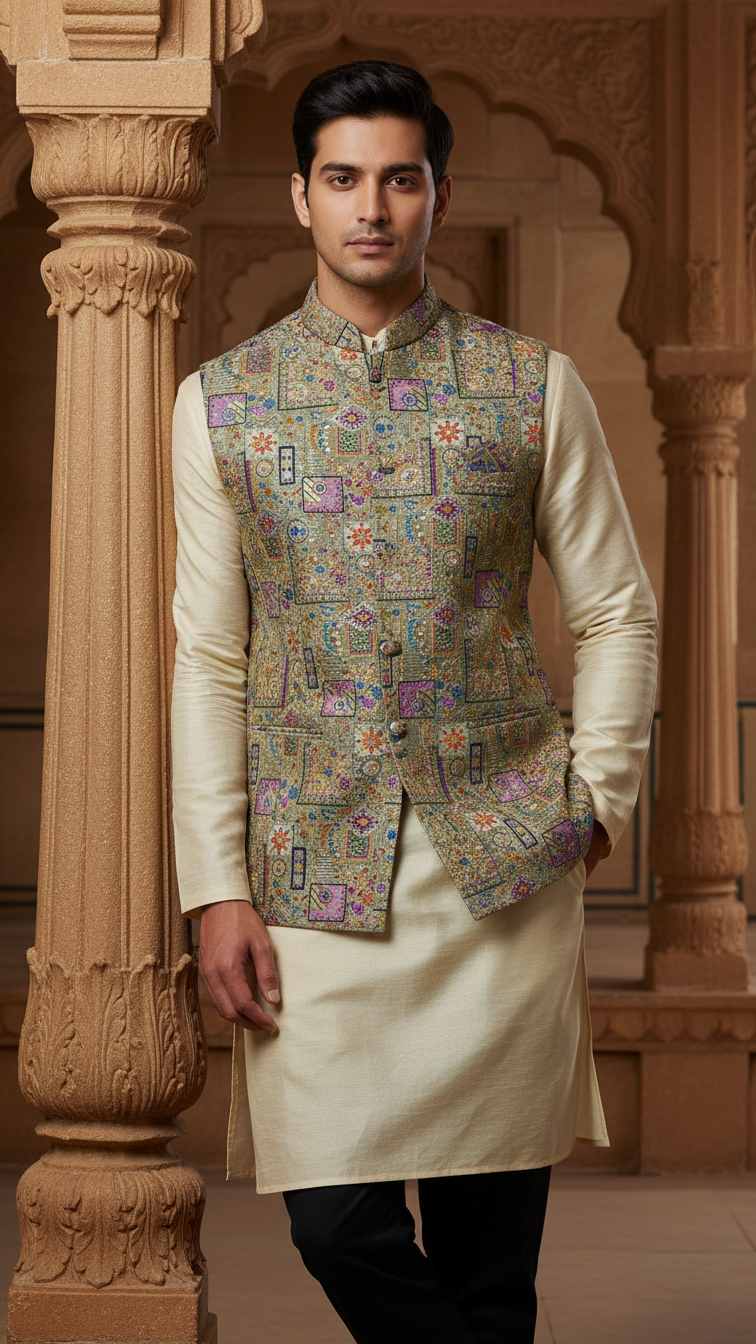 Designer Floral Position Printed Nehru Koti Only Fabric