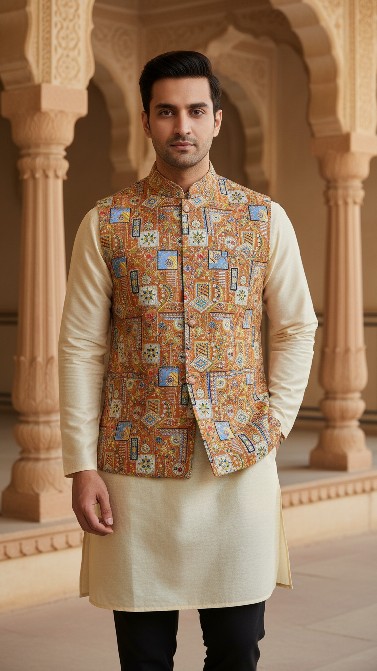Designer Floral Position Printed Nehru Koti Only Fabric