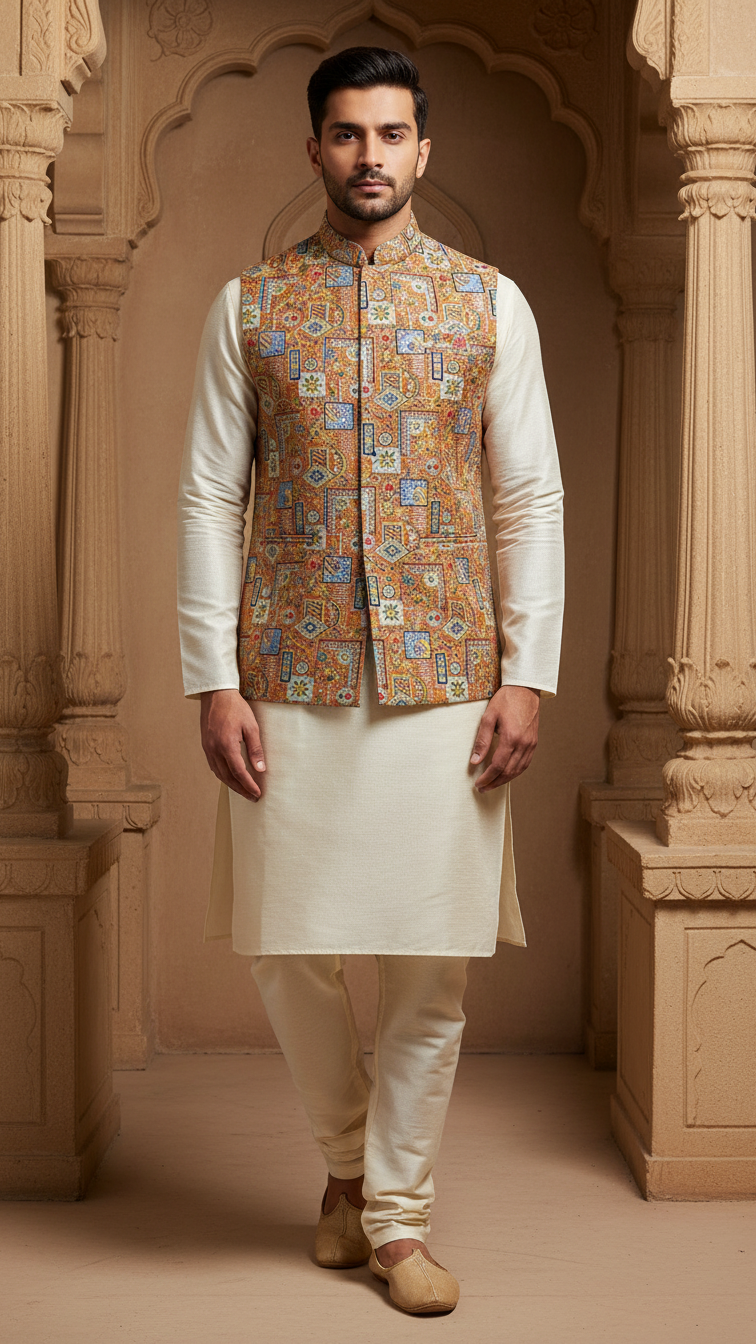 Designer Floral Position Printed Nehru Koti Only Fabric