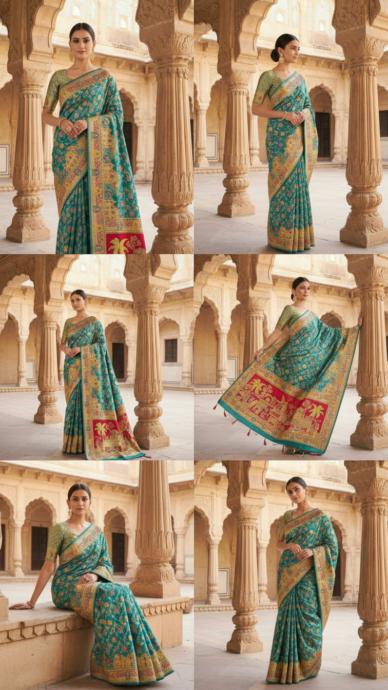 Dola silk Rama jacquard viscose Saree with Multicolor Floral Border