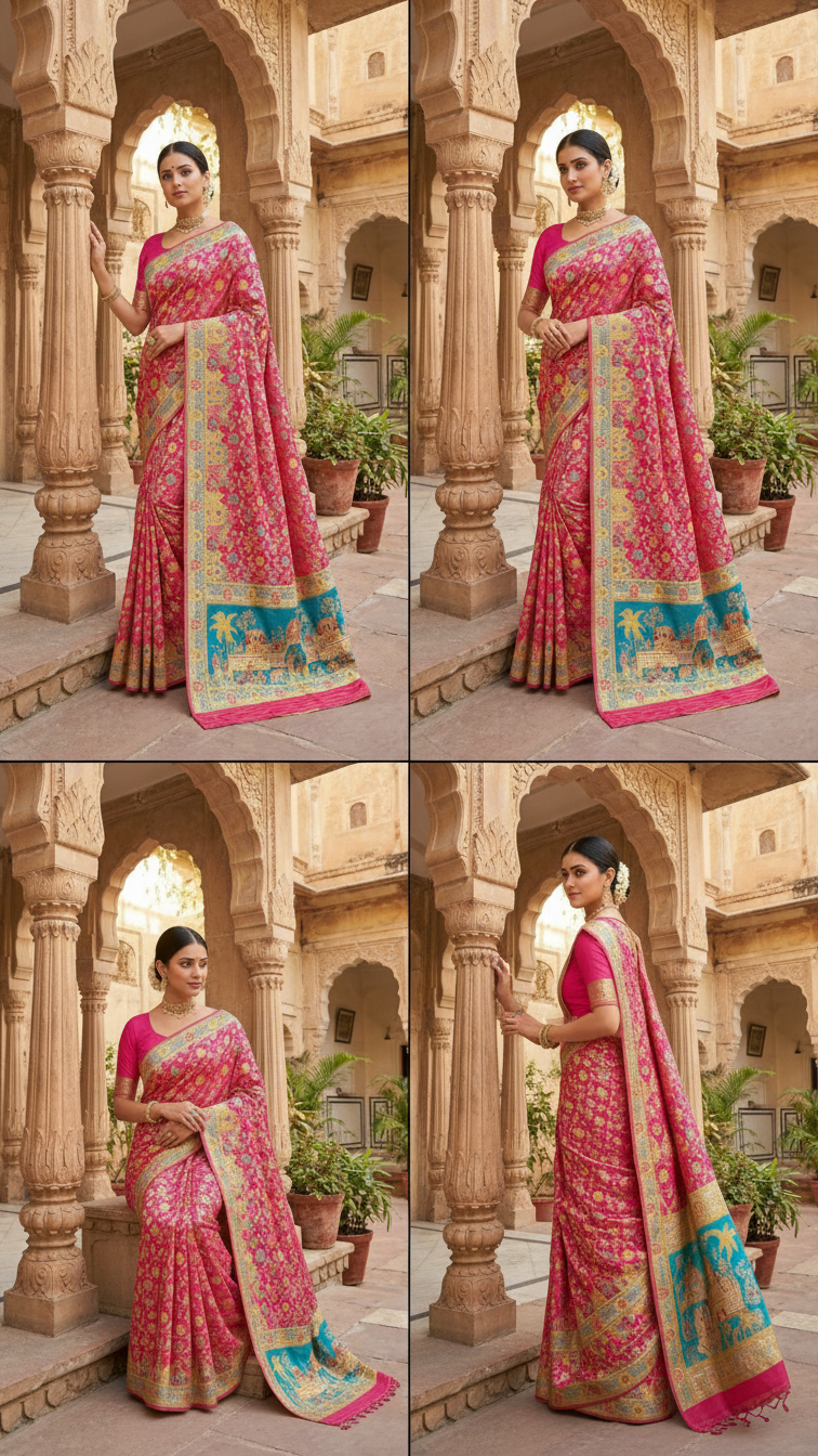 Dola silk Rani jacquard viscose Saree with Multicolor Floral Border