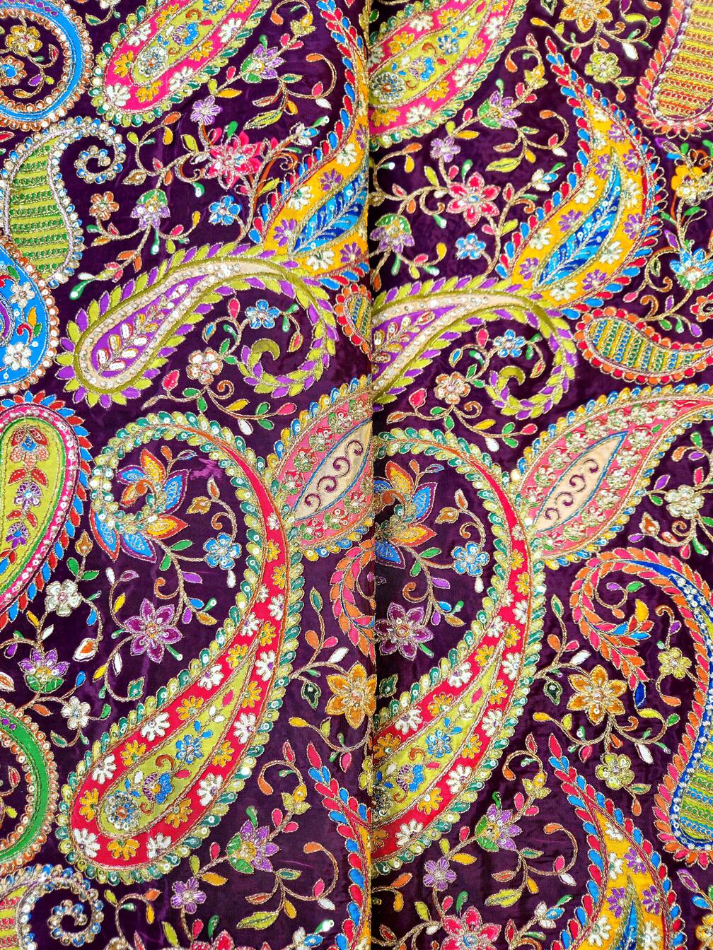 Heavy Gold Zari With Sequins Floral Embroidery On Wine Crepe Fabric