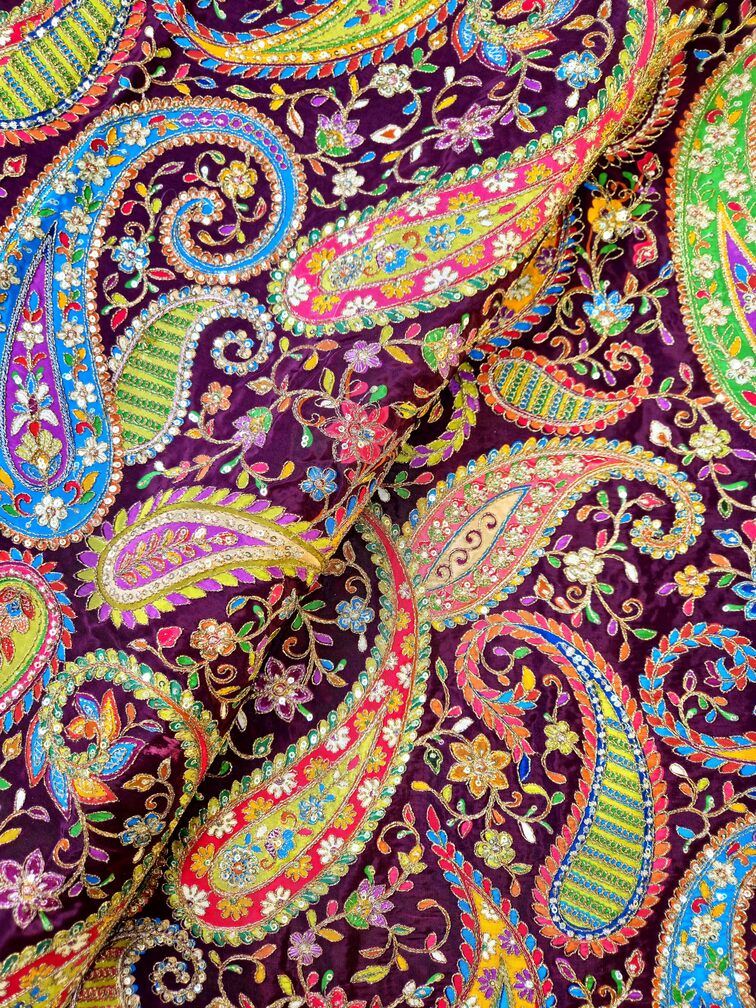 Heavy Gold Zari With Sequins Floral Embroidery On Crepe Fabric (MultiColor)