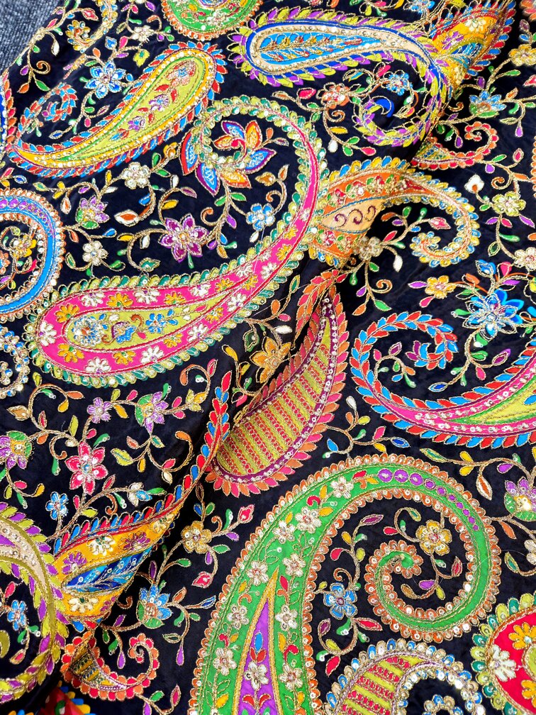 Heavy Gold Zari With Sequins Floral Embroidery On Black Crepe Fabric