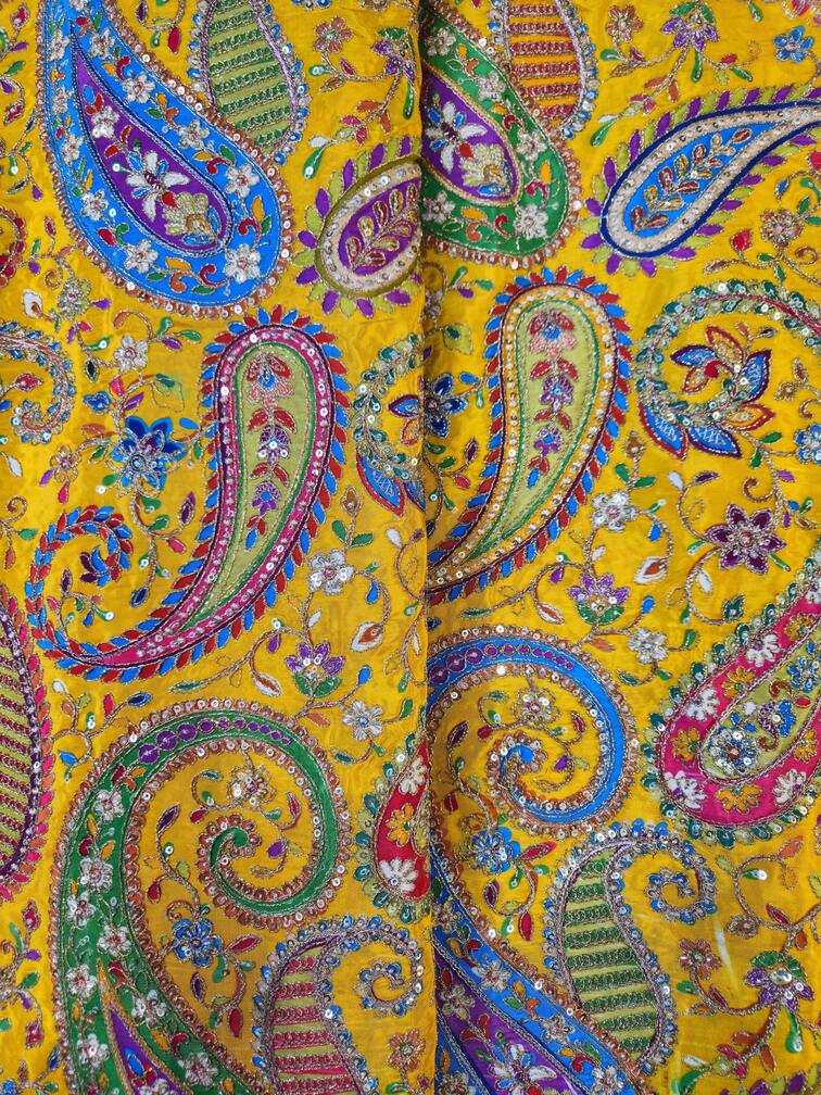 Heavy Gold Zari With Sequins Floral Embroidery On Mustard Crepe Fabric