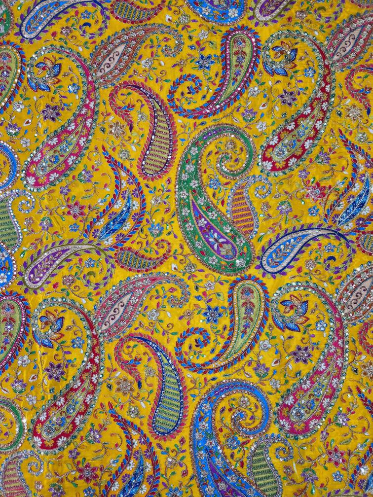 Heavy Gold Zari With Sequins Floral Embroidery On Mustard Crepe Fabric